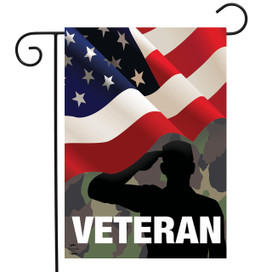 Briarwood Lane Veteran Military Garden Flag with American flag and soldier silhouette design.