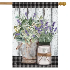 Briarwood Lane Farmhouse Flowers Spring House Flag with colorful, cheery springtime flowers on a decorative banner.