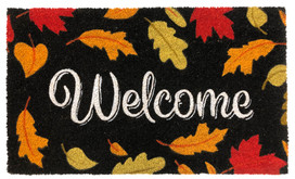 Briarwood Lane Welcome Leaves Fall Natural Fiber Coir Doormat with colored leaves on black background.