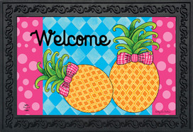 Briarwood Lane Pineapple Welcome Doormat with pink bows and polka dots, seasonal spring indoor/outdoor floormat.