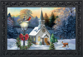 Briarwood Lane Come All Ye Faithful snow-covered church scene indoor outdoor doormat with deer and cardinals.