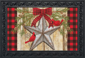 Briarwood Lane Festive Barnstar Winter Doormat with cardinals, pinecones, and greenery on rustic wood background.