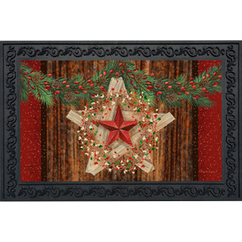 Briarwood Lane Holiday Barnstar Berries Doormat with rustic star, pip berries, and greenery on wood.