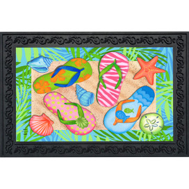 Briarwood Lane Tropical Flip Flops Summer Doormat with colorful flip flops and seashells on sand inserts.