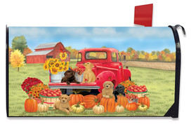 Briarwood Lane Fall Puppies Mailbox Cover with pups, pumpkins, and flowers on a red truck.