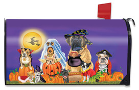 Briarwood Lane Trick or Treat Dogs Halloween Mailbox Cover with colorful dogs and jack-o-lanterns.