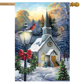 Briarwood Lane winter house flag with snow-covered country church scene, deer, cardinals and Christmas elements.
