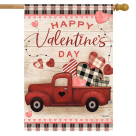 Briarwood Lane Valentine's Love Pickup Primitive House Flag with red pickup and patterned hearts design.