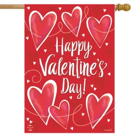 Briarwood Lane String of Hearts Valentine's Day house flag with pink hearts and white lettering.