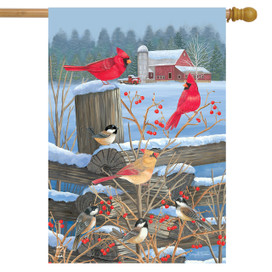 Briarwood Lane Birds of Winter Cardinals House Flag with red barn, fence, and winter birds.