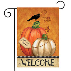 Briarwood Lane Rustic Pumpkins Fall Garden Flag with crows and autumn blessings design in primitive style.