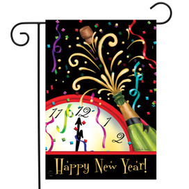 Briarwood Lane Happy New Year Clock Garden Flag with champagne bottle and confetti to ring in New Year.