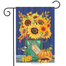 Briarwood Lane fall garden flag with sunflowers, pumpkins, and 'Welcome Fall' tag in rustic style.