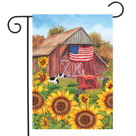 Briarwood Lane Sunflower Barn Fall Garden Flag with patriotic American flag and red barn scene.