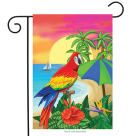 Briarwood Lane Paradise Parrot on tropical beach with palm trees, sailboat, and sunset shore.