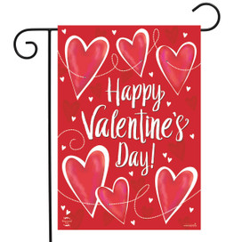 Briarwood Lane small printed garden flag with red hearts and "Happy Valentine's Day" in white.