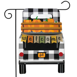 Briarwood Lane black checkered pickup truck garden flag with pumpkins and welcome fall banner, double sided.