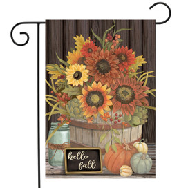 Briarwood Lane Hello Fall Floral Primitive Garden Flag with flowers, pumpkins, and autumn decor.
