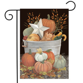 Briarwood Lane Fall Bushel Primitive Garden Flag with pumpkins, gourds, and tin bucket with barn star.