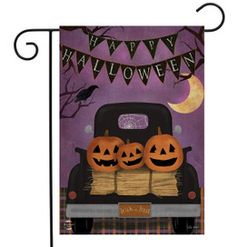 Briarwood Lane Halloween primitive garden flag with jack-o-lanterns in a pickup truck.