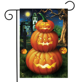 Briarwood Lane Spooky Stack of Jack O'Lanterns Halloween Holiday Garden Flag with orange jack-o-lanterns.