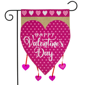 Briarwood Lane pink Happy Valentine's Hearts burlap garden flag with white polka dots and hearts.