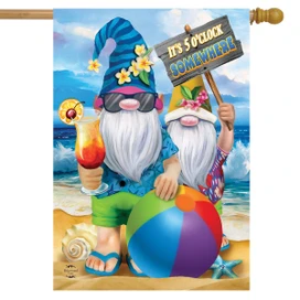 Briarwood Lane Summer Gnomes Humor House Flag with colorful gnomes on sand by the ocean shore.