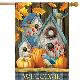 Briarwood Lane welcome house flag with colorful fall design, bluebirds, pumpkins, and birdhouses on porch.