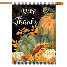 Briarwood Lane small printed house flag with pumpkins, gourds, and Give Thanks text for fall display.