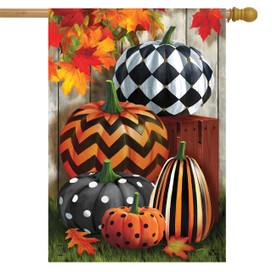 Briarwood Lane autumn house flag with colorful pumpkins and stripes, checkers, polka dots, gourds design.