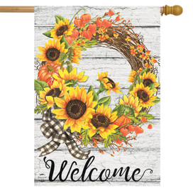 Briarwood Lane sunflower welcome flag with floral wreath, bow, and checkered accents for fall decor.