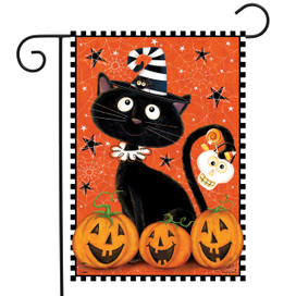 Briarwood Lane Black Kitty Halloween Garden Flag with jack-o-lanterns and cat in festive hat.
