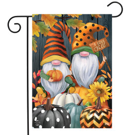 Briarwood Lane Fall Gnomes garden flag with polka dots, stripes, and pumpkins, colorful autumn display.