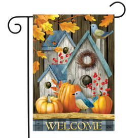 Briarwood Lane garden flag with colorful fall scene, bluebirds, pumpkins, and welcome message on porch decor.