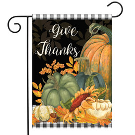 Briarwood Lane Checkered Give Thanks garden flag with pumpkins and gourds on a rustic autumn design.