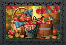 Briarwood Lane Harvest Apple Basket Fall Doormat with bluebirds, leaves, and fruit, colorful autumn decor.