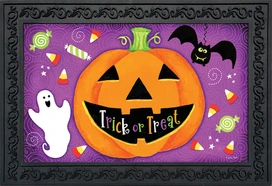 Briarwood Lane Halloween doormat with jack o-lantern, bats, candy, and ghost on purple background.