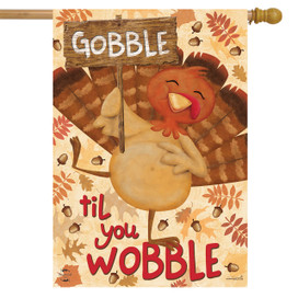 Briarwood Lane Gobble Turkey Thanksgiving House Flag with colorful, cheery design and festive fall leaves.