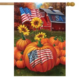 Briarwood Lane USA Pumpkins Fall House Flag with patriotic red, white, and blue autumn design.