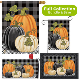 Briarwood Lane Checkered Pumpkins Autumn Design Collection garden flag, house flag, and mailbox cover set.