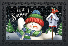 Briarwood Lane Snow Time Snowman Winter Doormat with knit hat, scarf, and festive let it snow.