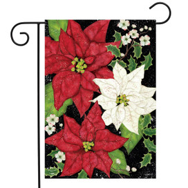 Briarwood Lane festive Christmas garden flag with red and white poinsettias, holly, and flowers.
