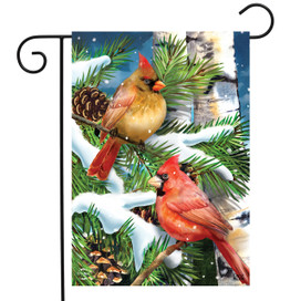 Briarwood Lane Snowy Cardinals Garden Flag with male and female cardinals on pinecones and fir.