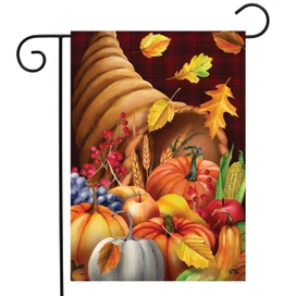 Briarwood Lane garden flag with colorful fall cornucopia, apples, pumpkins, and turning leaves design.