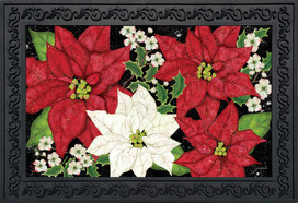 Briarwood Lane's Festive Poinsettias Christmas doormat with red, white flowers and greenery on a black background.