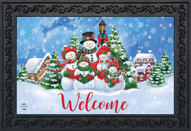 Briarwood Lane Christmas doormat with cheerful snowmen and carolers on a colorful, festive holiday display.