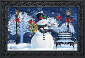 Briarwood Lane Snowman Holiday Cheer Christmas doormat with colorful winter scene and cheerful snowman decoration.