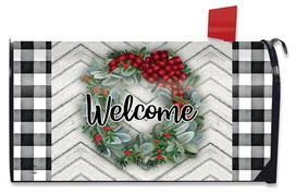 Briarwood Lane Winter Wreath Welcome Mailbox Cover with red berries, spruce, and checkered black bow.