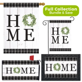 Briarwood Lane Home Collection garden flag, mailbox cover, and doormat set with black and white design.