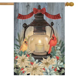 Briarwood Lane small printed house flag with white poinsettias, cardinals, and candle, rustic winter scene.